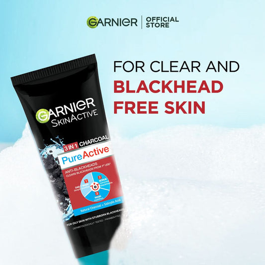 Garnier skin active 3-in-1 charcoal blackhead face wash mask scrub 50ml