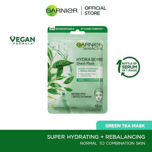 Garnier skin active hydra bomb green tea tissue face mask, hydrating and rebalancing 32g