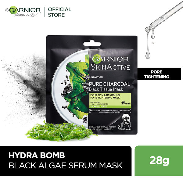 Garnier skin active pure charcoal black algae tissue face mask, pore tightening 28 g