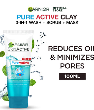 Garnier skin active 3-in-1 clay face wash mask scrub 100ml