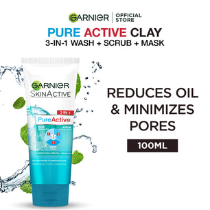 Garnier skin active 3-in-1 clay face wash mask scrub 100ml