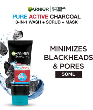 Garnier skin active 3-in-1 charcoal blackhead face wash mask scrub 50ml