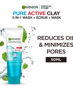 Garnier skin active 3-in-1 clay face wash mask scrub 50ml
