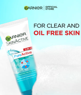 Garnier skin active 3-in-1 clay face wash mask scrub 100ml