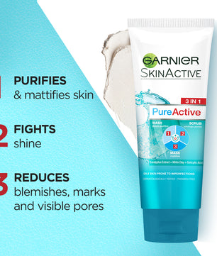 Garnier skin active 3-in-1 clay face wash mask scrub 100ml