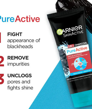 Garnier skin active 3-in-1 charcoal blackhead face wash mask scrub 50ml