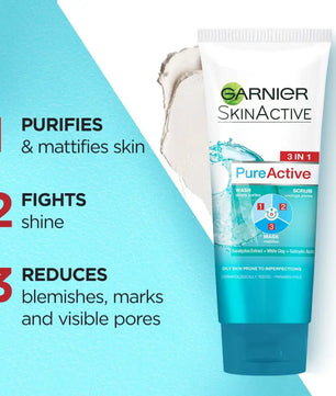 Garnier skin active 3-in-1 clay face wash mask scrub 50ml