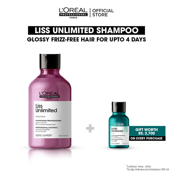 L'Oreal Professionnel Serie Expert Liss Unlimited Shampoo 300 ML - For Frizzy & Unruly Hair + Free Scalp Advanced Shampoo 100ml