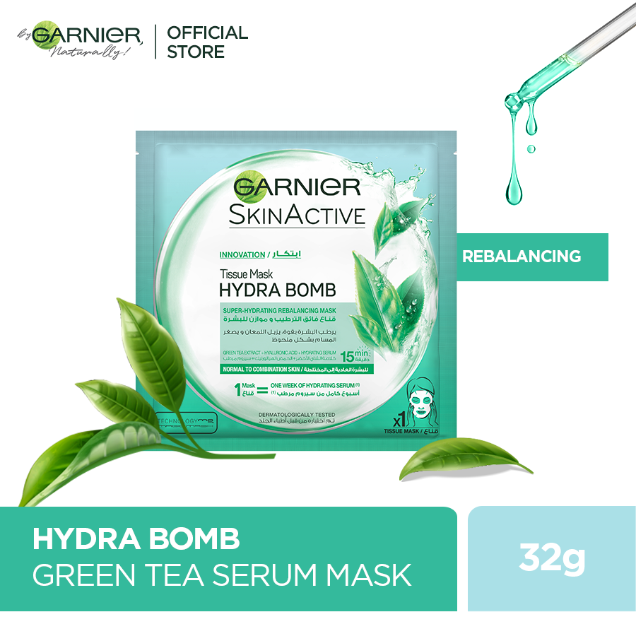 Garnier skin active hydra bomb green tea tissue face mask, hydrating and rebalancing 32g