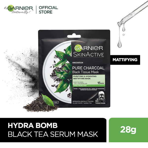 Garnier skin active pure charcoal black tea tissue face mask, mattifying 28 g