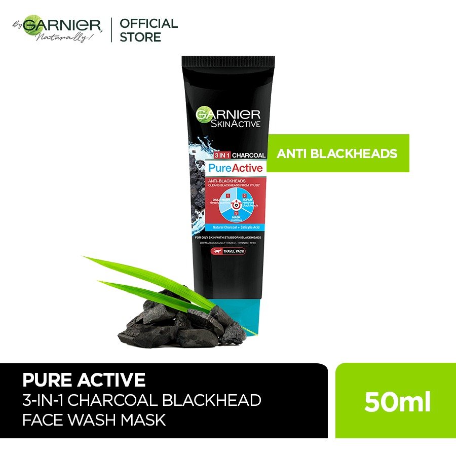 Garnier skin active 3-in-1 charcoal blackhead face wash mask scrub 50ml